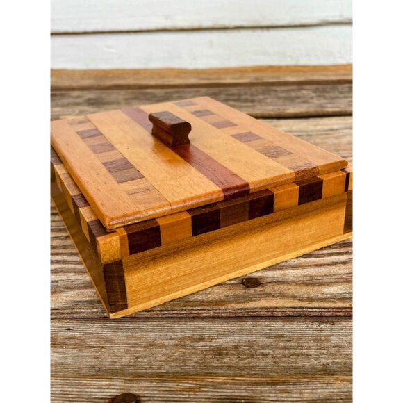 Vintage 1960s Parquet Marquetry Lidded Wood Box MCM - Picture 8 of 16